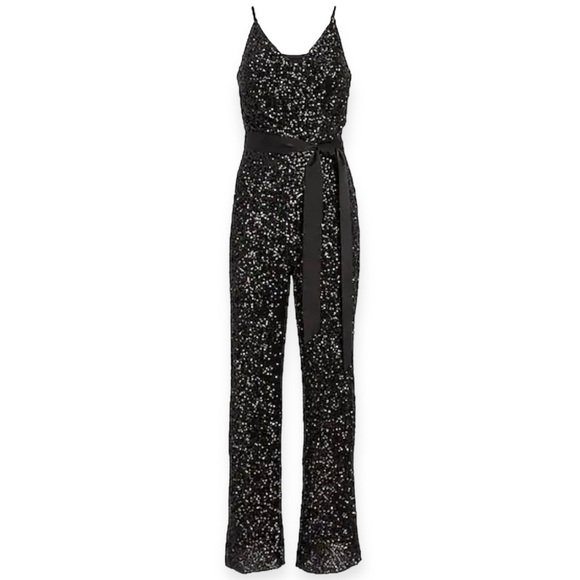 Express Sequin V-Neck Tie Waist Wide Leg Jumpsuit Size XS - Picture 2 of 11